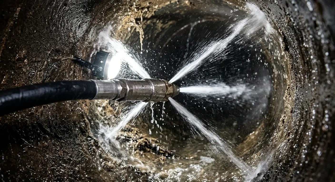 High-pressure hydro jetting nozzle cleaning sewer pipe for Sewer Line Relining in Summit