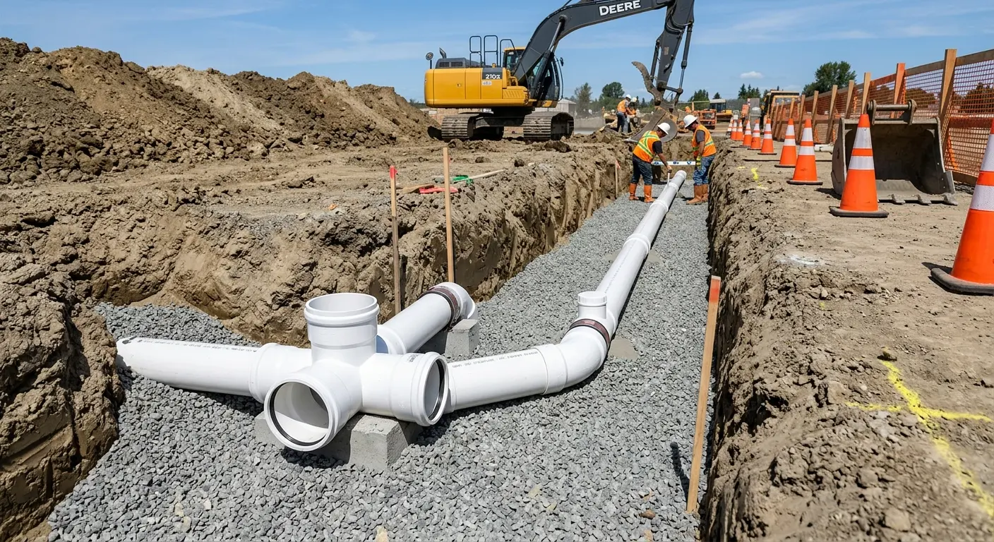 New PVC sewer pipe installation in open trench for Commercial Drain Cleaning in Summit