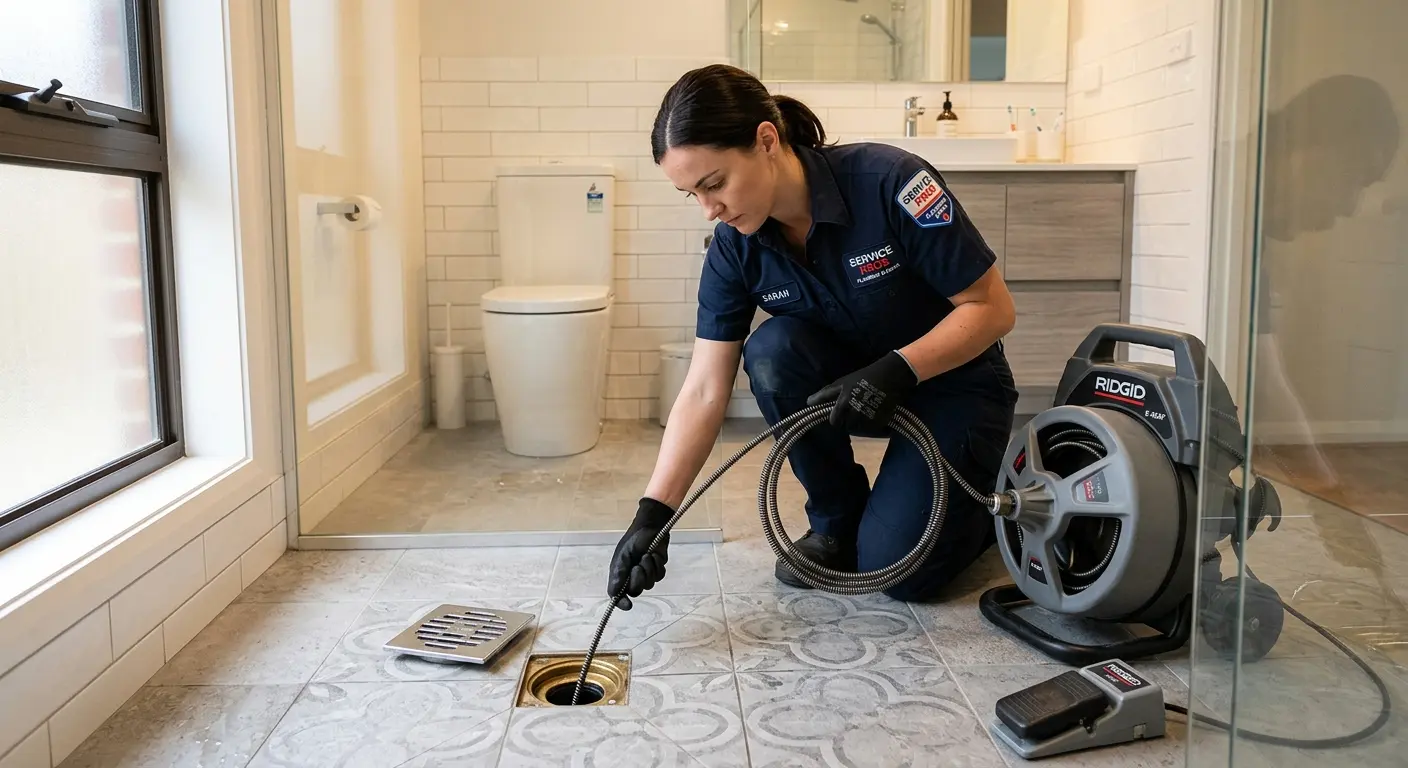 Technician clearing a bathroom floor drain for Drain Repair in Summit